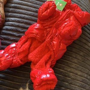 NWT Small Dog Red Puffy Snowsuit, fleece lined